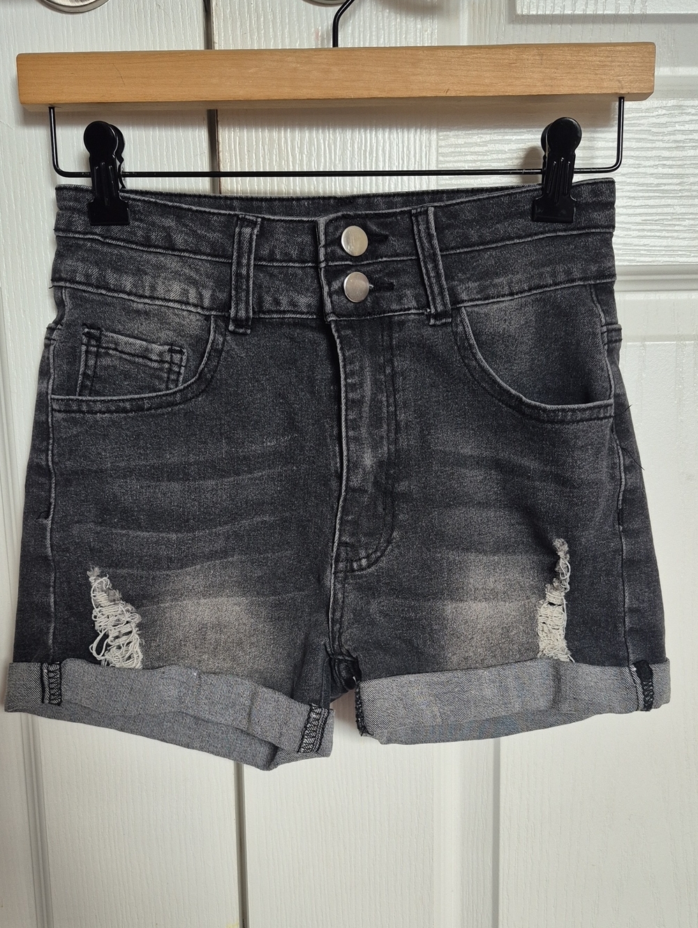 High-Waist Washed Black Denim Shorts with Rolled Hem